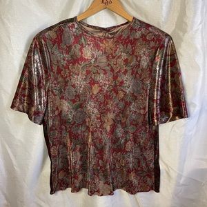VTG 90’s Burgundy Red Metallic Sheen Pleated Short Sleeve Festive Holiday Blouse